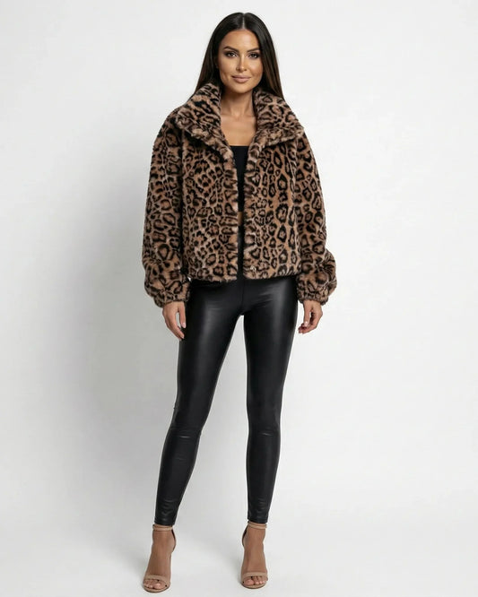 Women's brown leopard print faux fur jacket with wide collar and front zipper