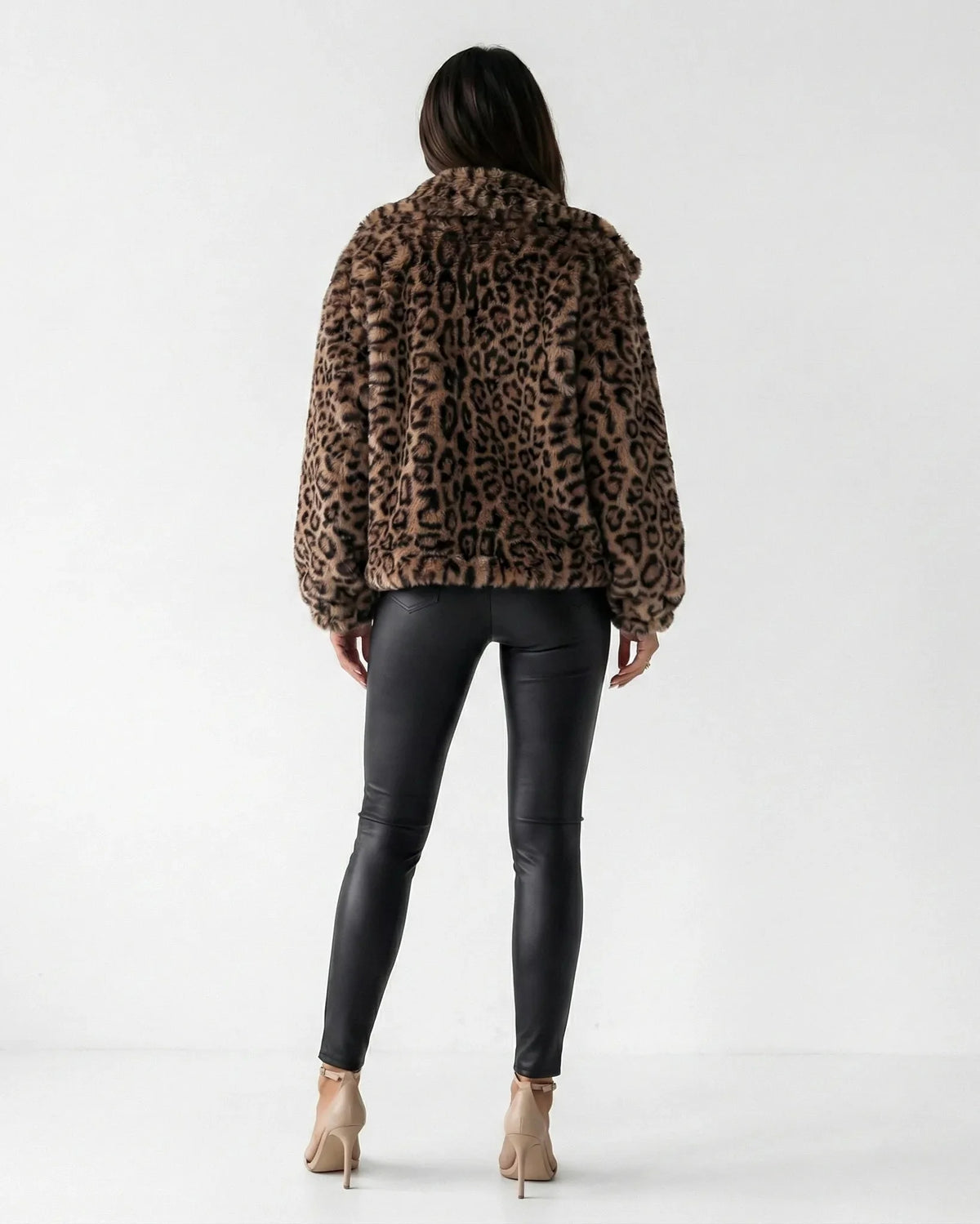 Women's brown leopard print faux fur jacket with wide collar and front zipper