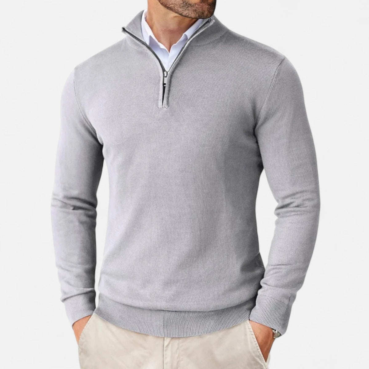 Men's slim-fit quarter-zip sweater with mock neck and long sleeves
