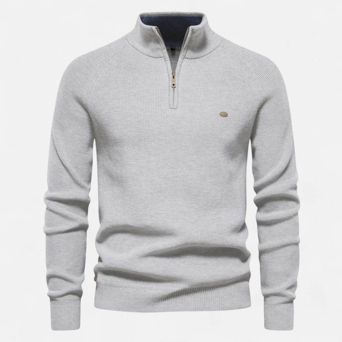 Men's half-zip sweater with raised collar and ribbed trims