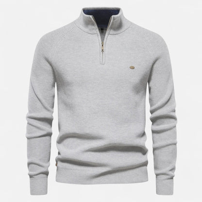 Men's half-zip sweater with raised collar and ribbed trims