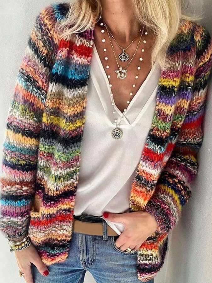 Women's multicolour striped knit cardigan with long sleeves and open front