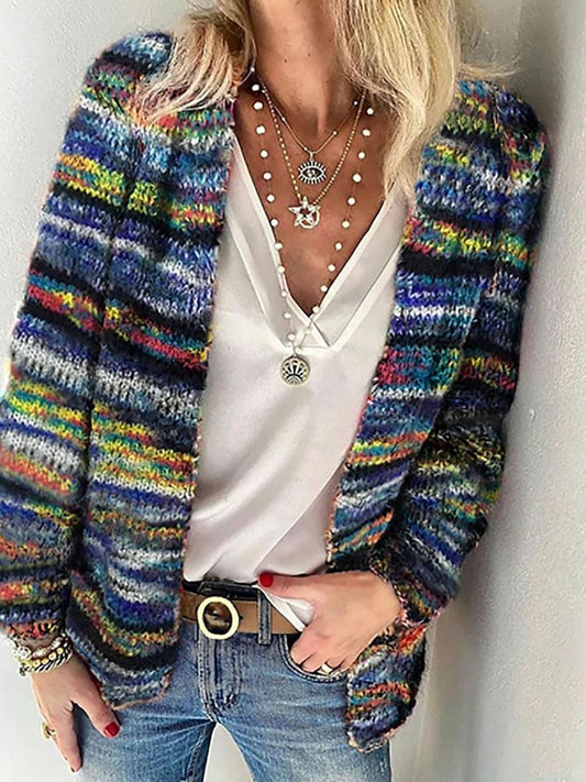 Women's multicolour striped knit cardigan with long sleeves and open front