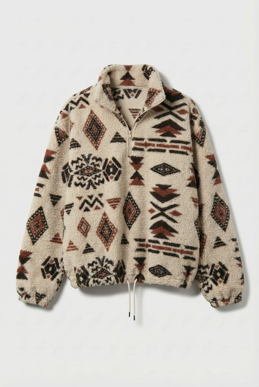 Women's cream fleece sweatshirt with multicolor geometric print, high neck and half-zip front