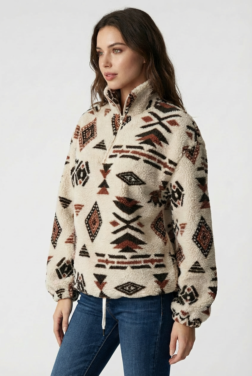 Women's cream fleece sweatshirt with multicolor geometric print, high neck and half-zip front