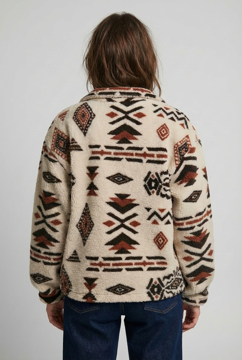 Women's cream fleece sweatshirt with multicolor geometric print, high neck and half-zip front