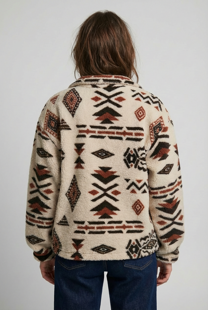 Women's cream fleece sweatshirt with multicolor geometric print, high neck and half-zip front