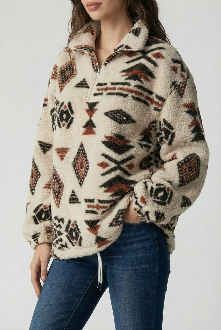 Women's cream fleece sweatshirt with multicolor geometric print, high neck and half-zip front
