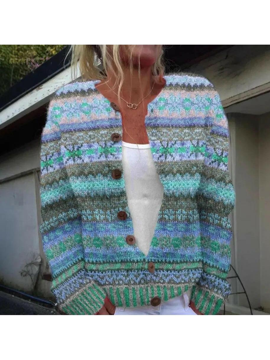 Women's multicolor striped button cardigan with long sleeves
