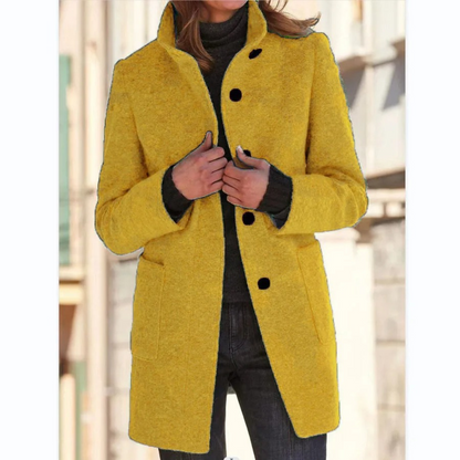 Women's high collar button front coat with long sleeves and two pockets