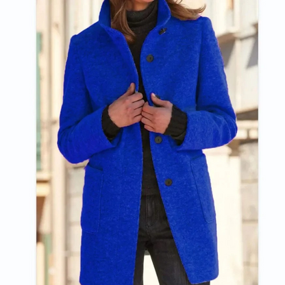 Women's high collar button front coat with long sleeves and two pockets