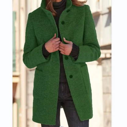 Women's high collar button front coat with long sleeves and two pockets