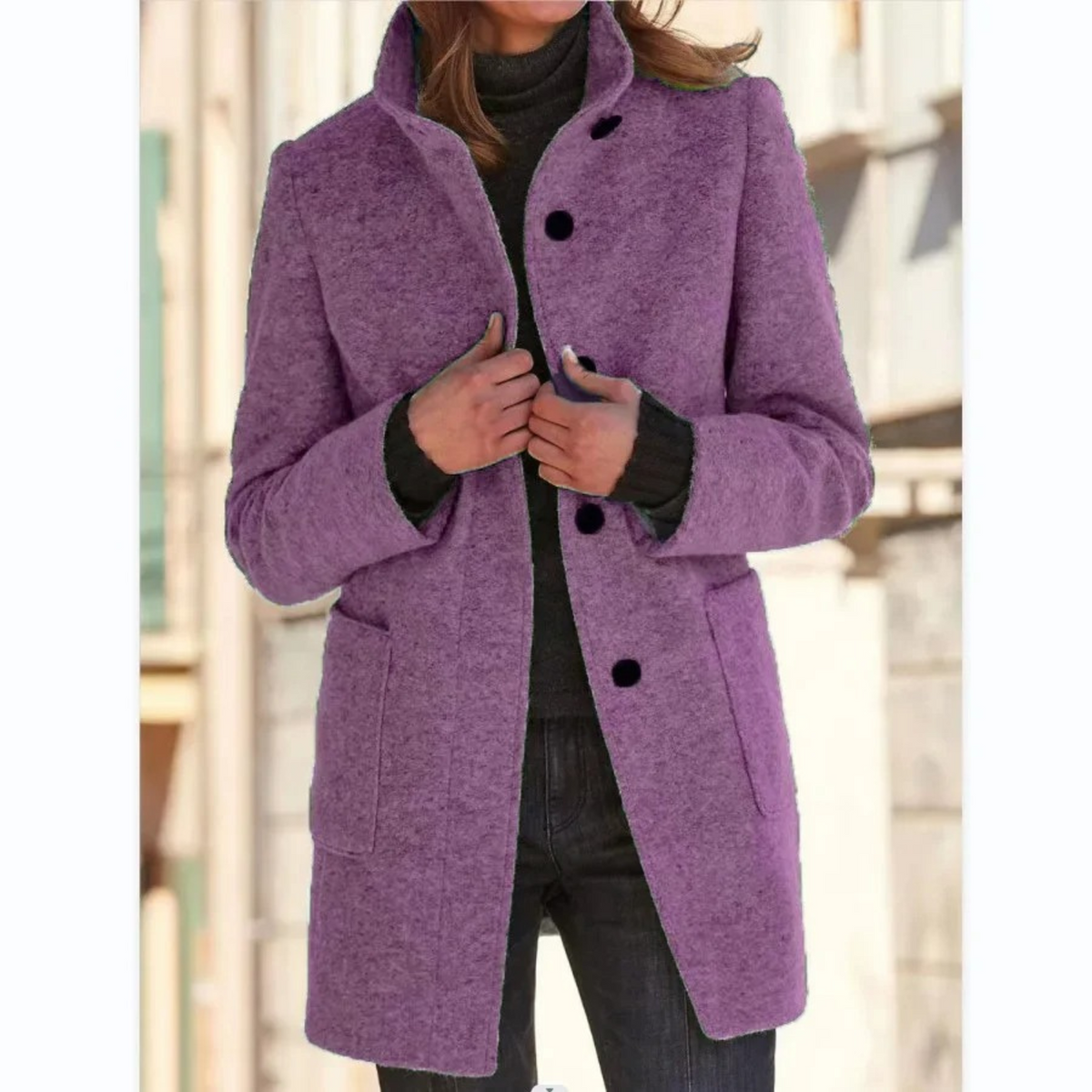 Women's high collar button front coat with long sleeves and two pockets