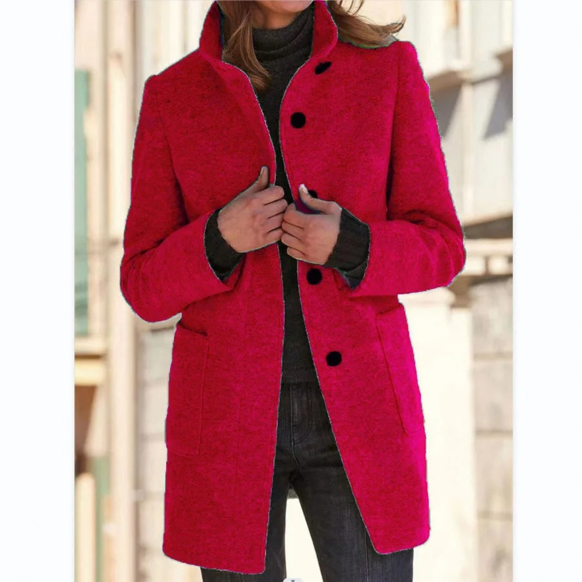 Women's high collar button front coat with long sleeves and two pockets