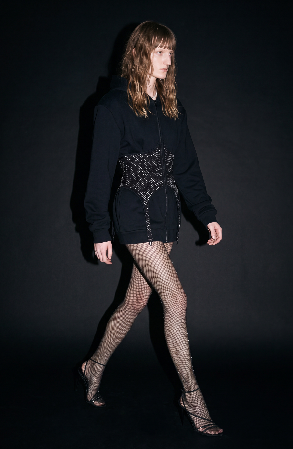 Women's black zip hoodie with a crystal-studded corset-style waist panel