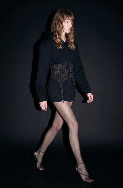 Women's black zip hoodie with a crystal-studded corset-style waist panel