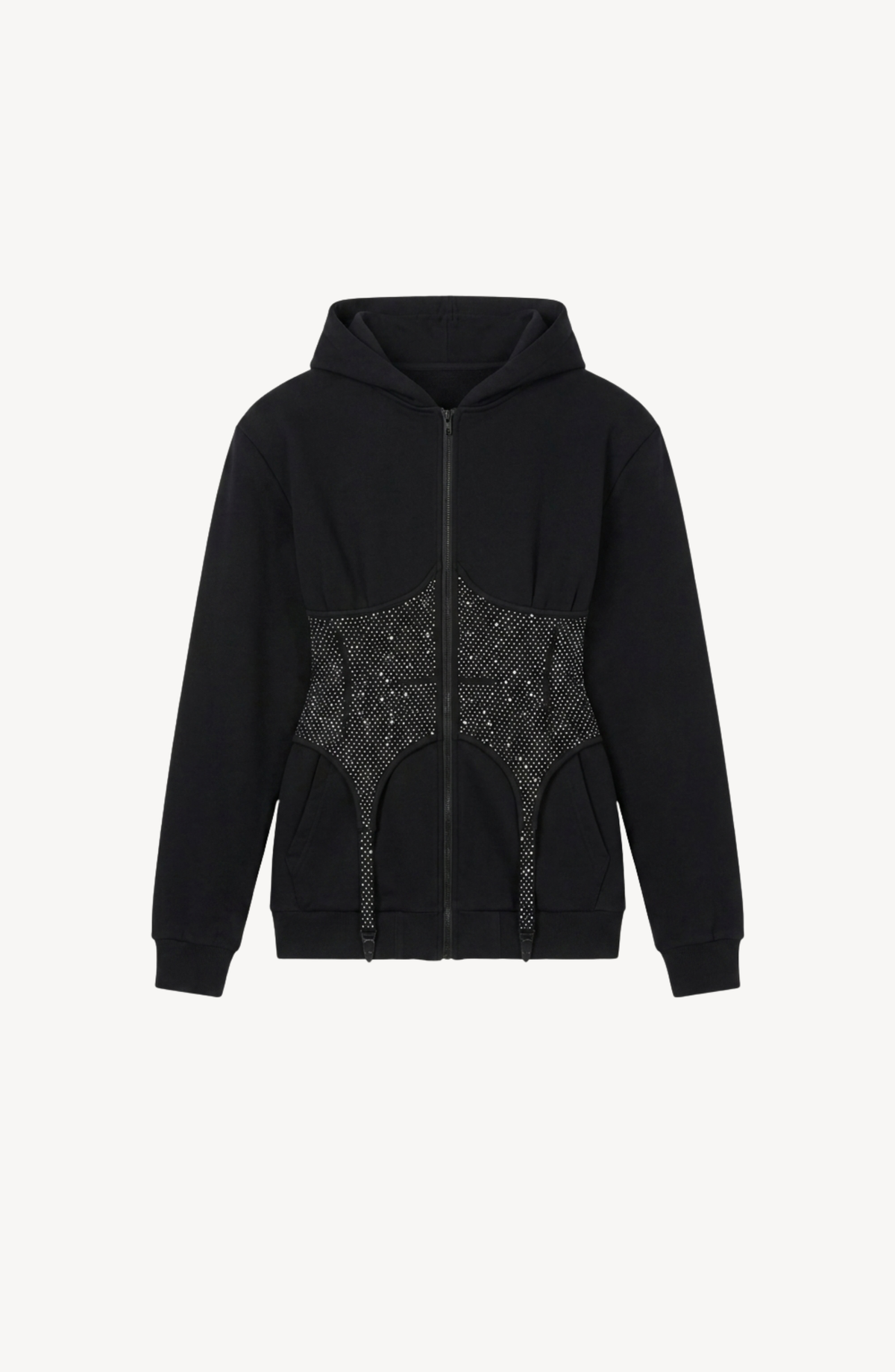 Women's black zip hoodie with a crystal-studded corset-style waist panel