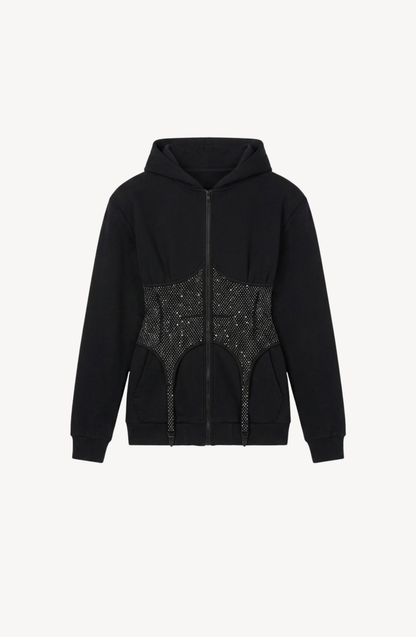 Women's black zip hoodie with a crystal-studded corset-style waist panel