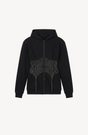 Women's black zip hoodie with a crystal-studded corset-style waist panel