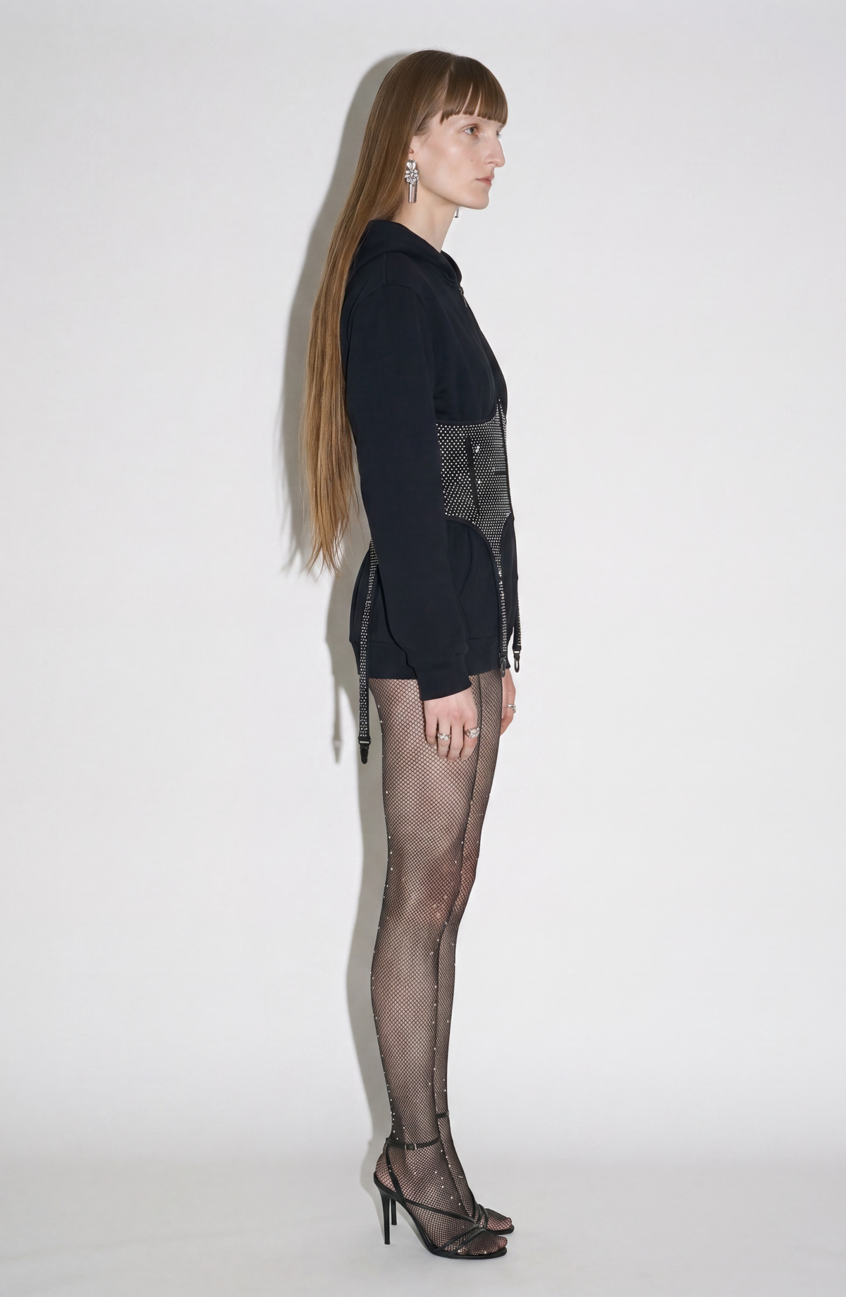Women's black zip hoodie with a crystal-studded corset-style waist panel