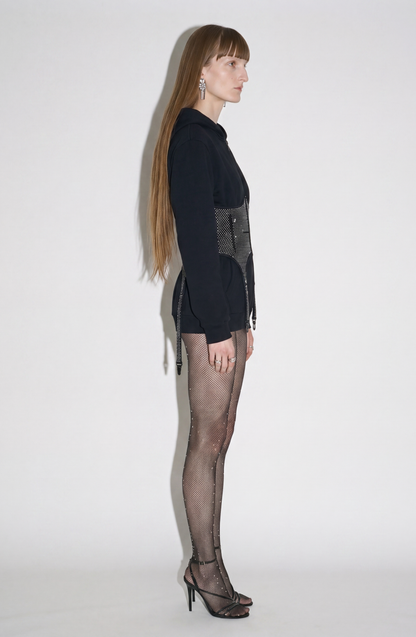 Women's black zip hoodie with a crystal-studded corset-style waist panel