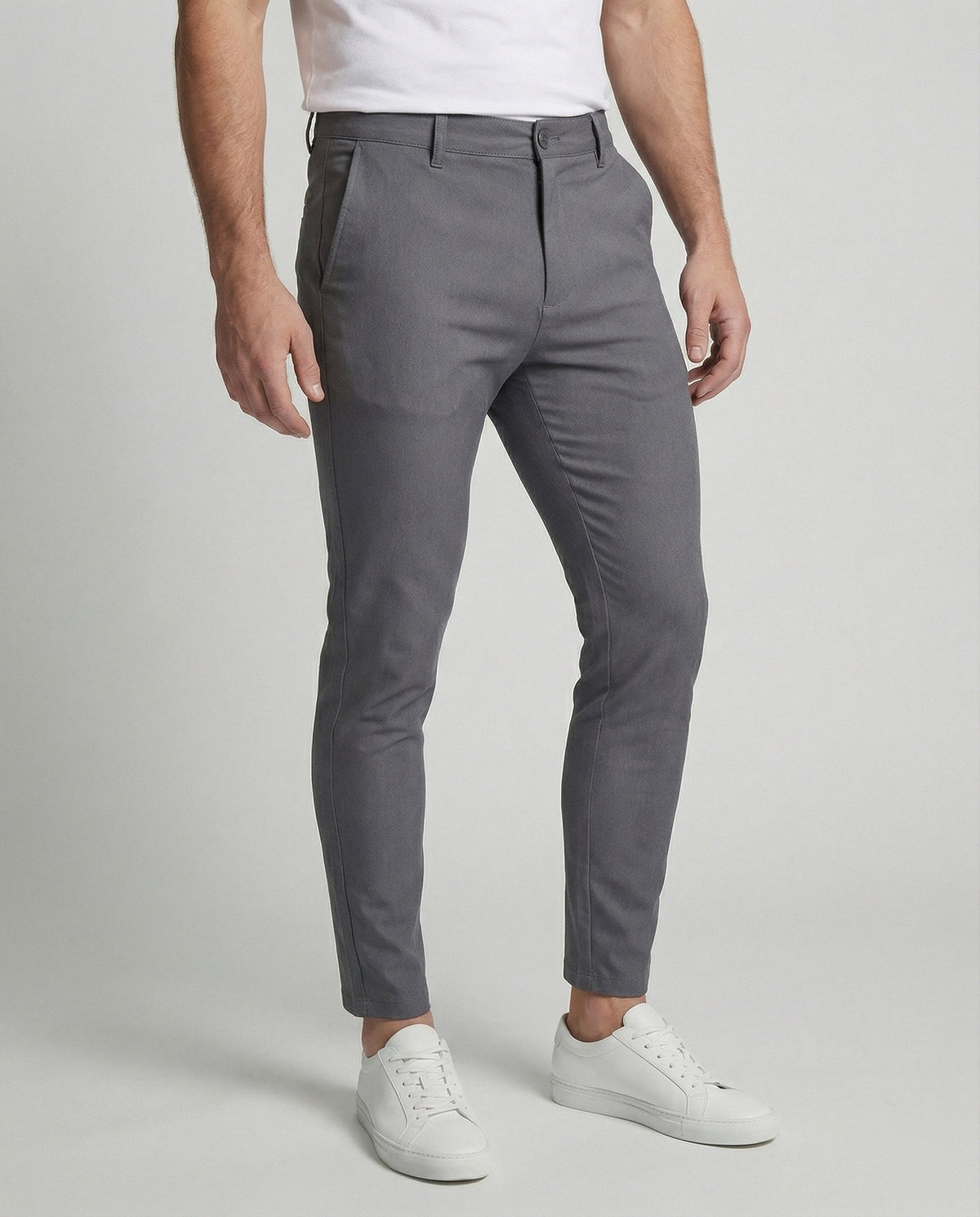 Men's grey slim fit chino trousers, front view