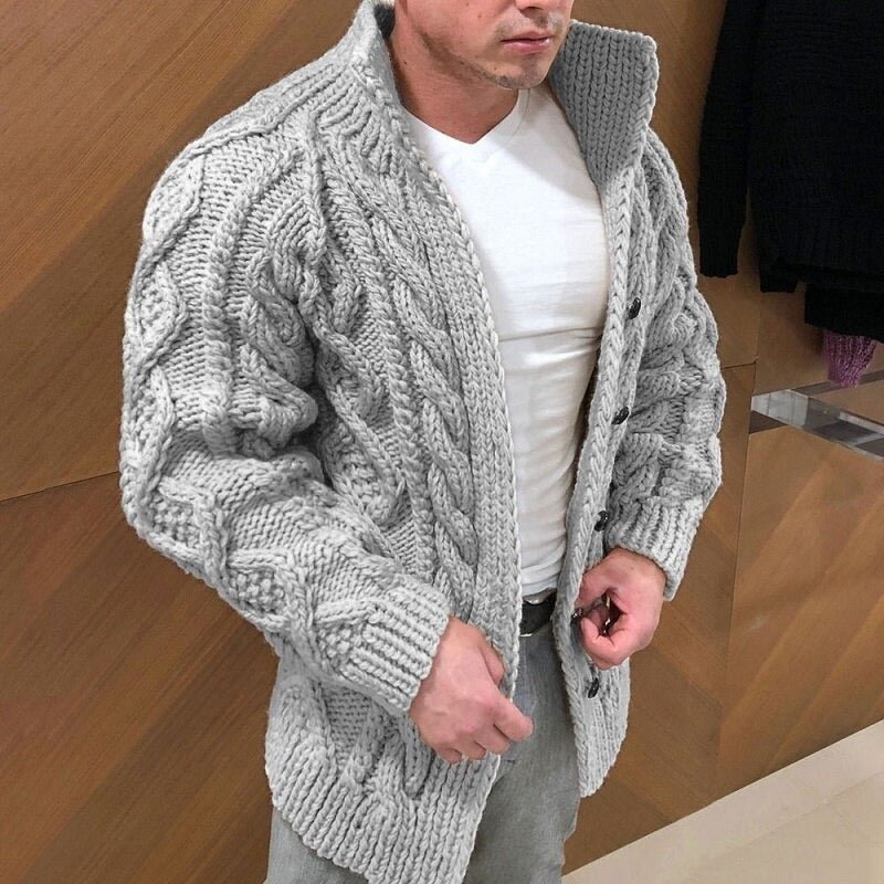 Men's chunky cable knit cardigan with shawl collar and button front