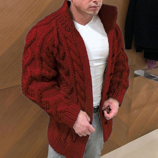 Men's chunky cable knit cardigan with shawl collar and button front