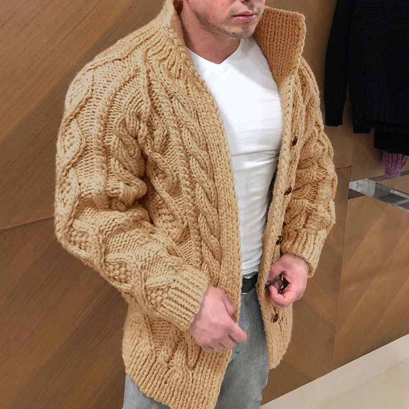 Men's chunky cable knit cardigan with shawl collar and button front