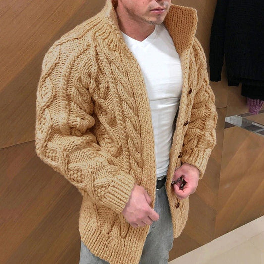 Men's chunky cable knit cardigan with shawl collar and button front