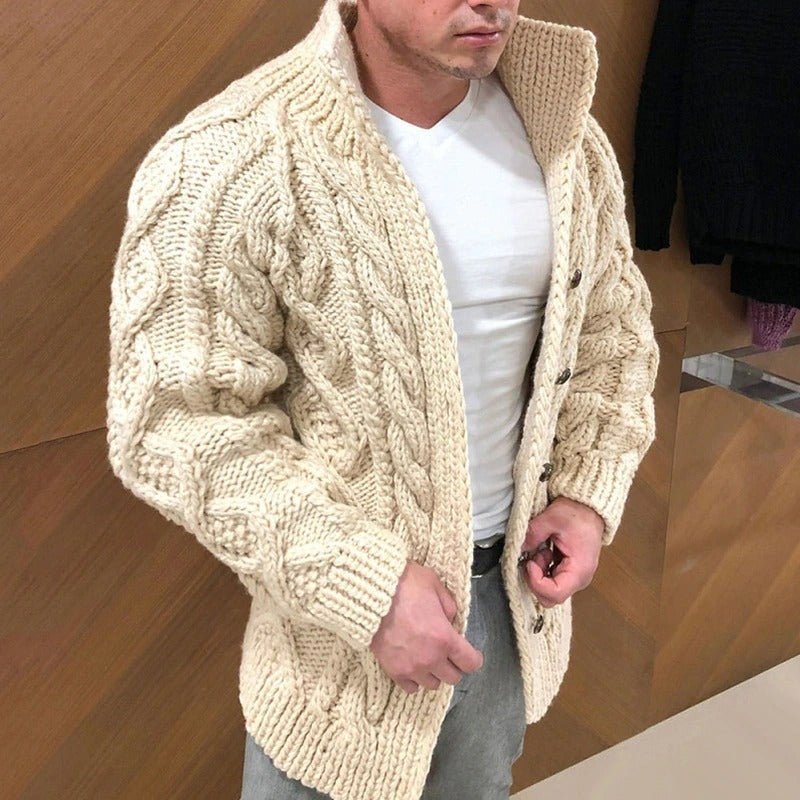 Men's chunky cable knit cardigan with shawl collar and button front