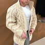 Men's chunky cable knit cardigan with shawl collar and button front