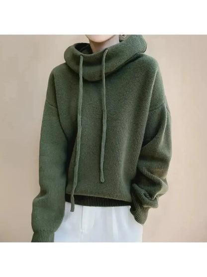 Women's hooded knit sweater with drawstrings and ribbed trims