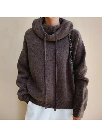 Women's hooded knit sweater with drawstrings and ribbed trims