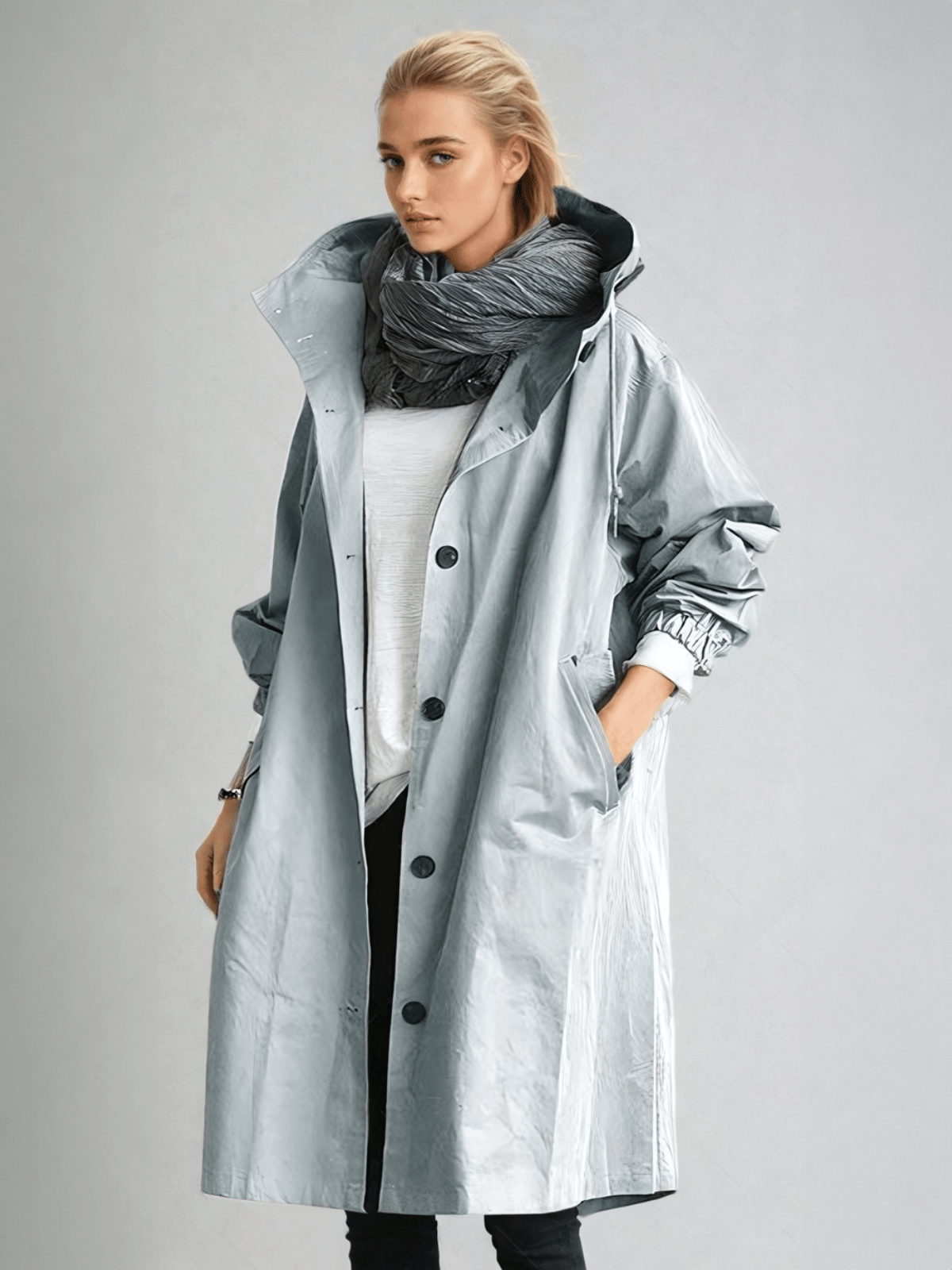 Woman wearing a longline hooded button-front trench coat with patch pockets
