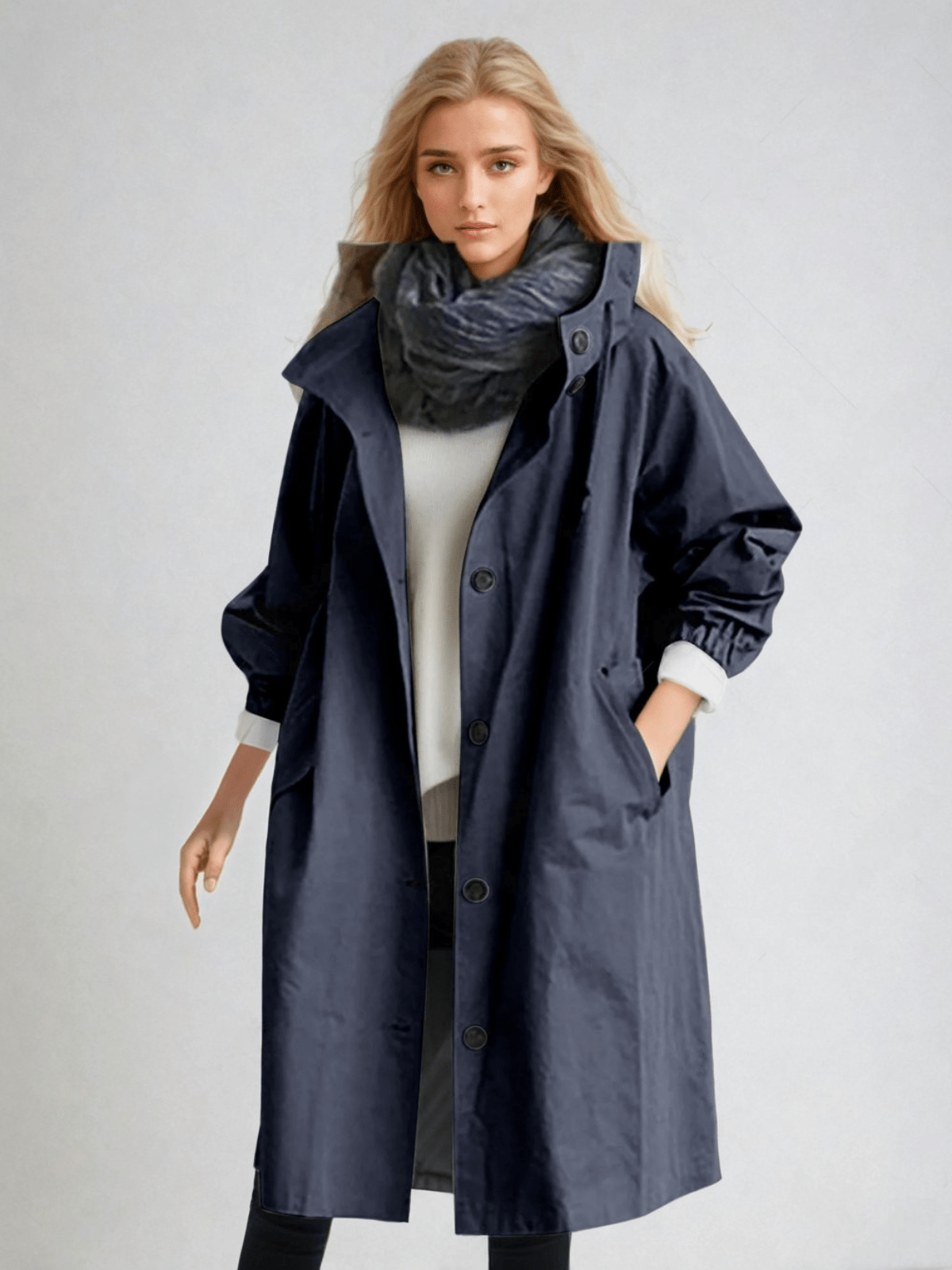 Woman wearing a longline hooded button-front trench coat with patch pockets