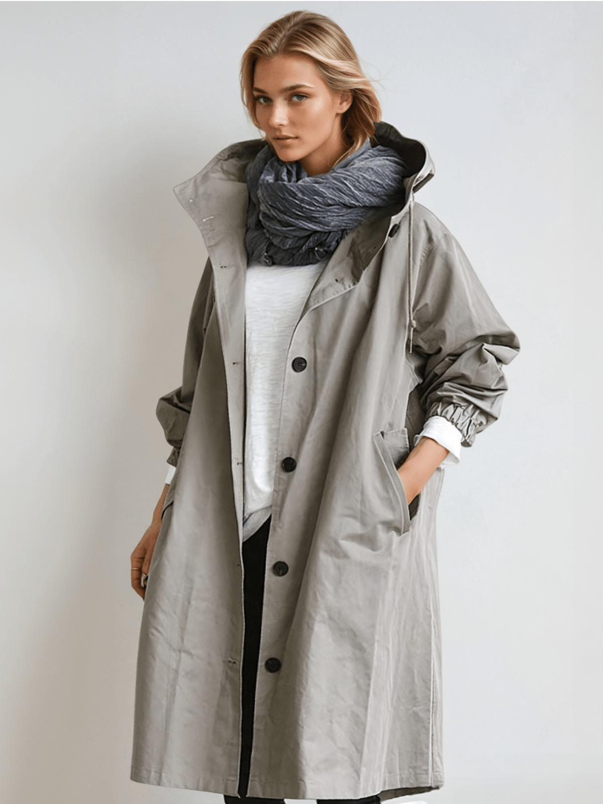 Woman wearing a longline hooded button-front trench coat with patch pockets