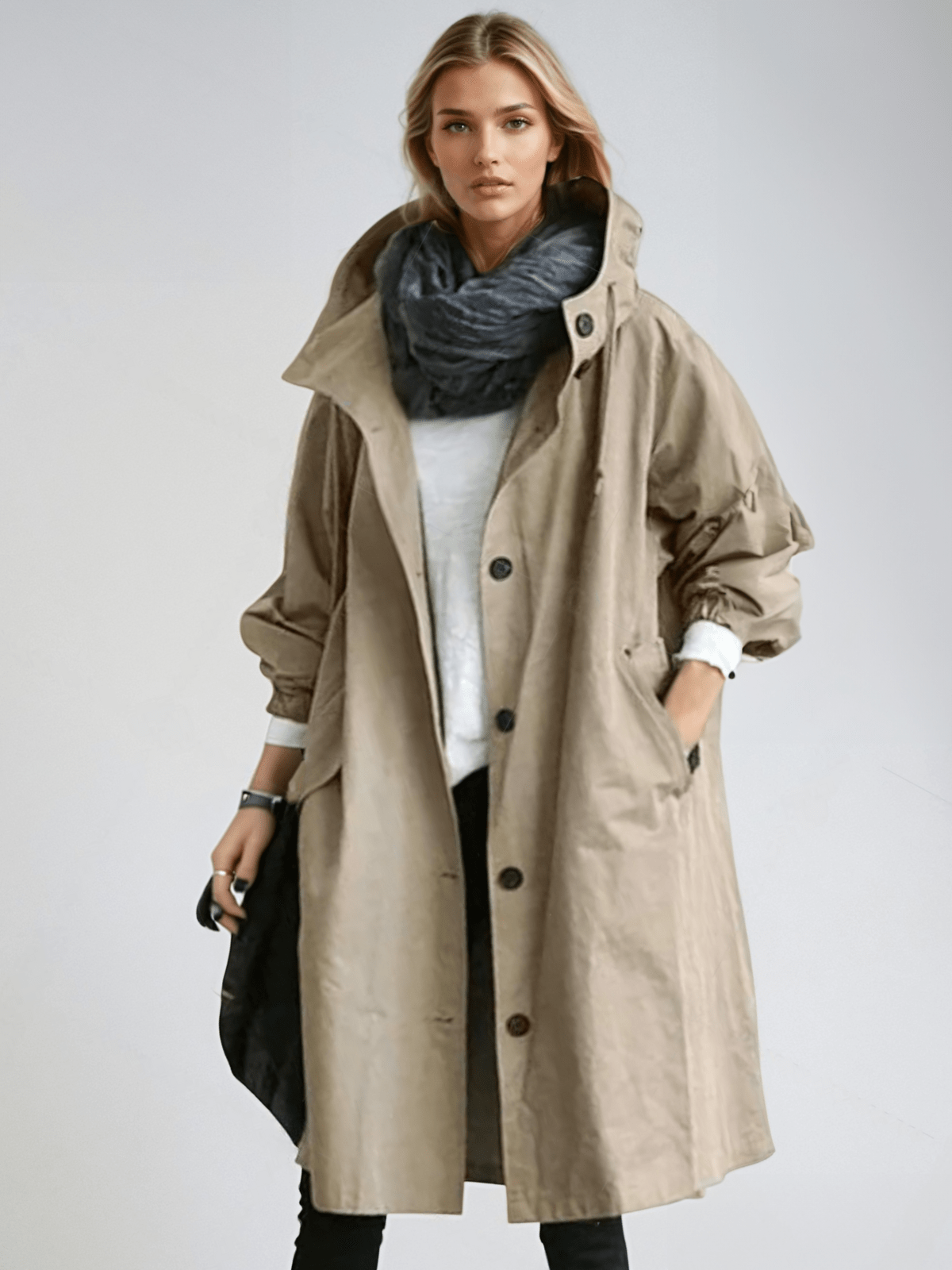 Woman wearing a longline hooded button-front trench coat with patch pockets
