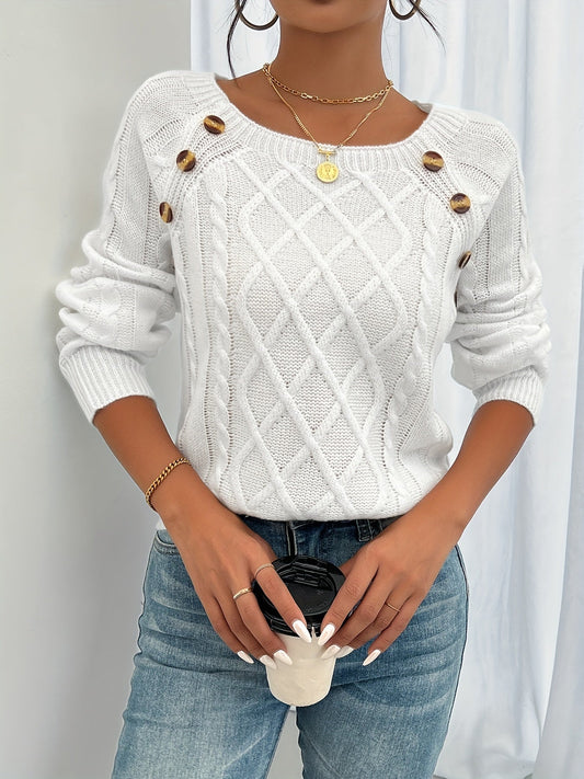 Women's textured knit sweater with diamond pattern, long sleeves and shoulder buttons