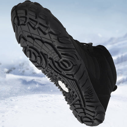 Fleece-lined barefoot ankle boots with lace-up fronts and rugged flat soles