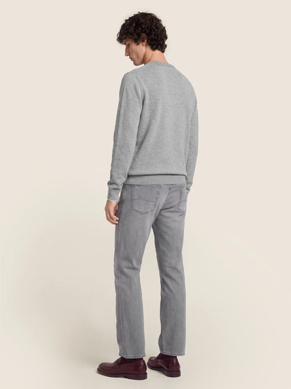 Gray crew neck knit sweater with long sleeves and ribbed trims