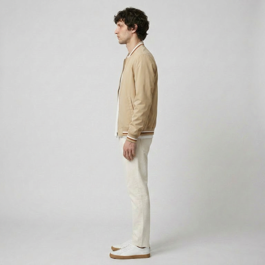 Unisex bomber jacket with contrast striped ribbed trims and front zip