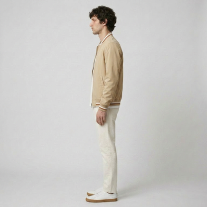 Unisex bomber jacket with contrast striped ribbed trims and front zip