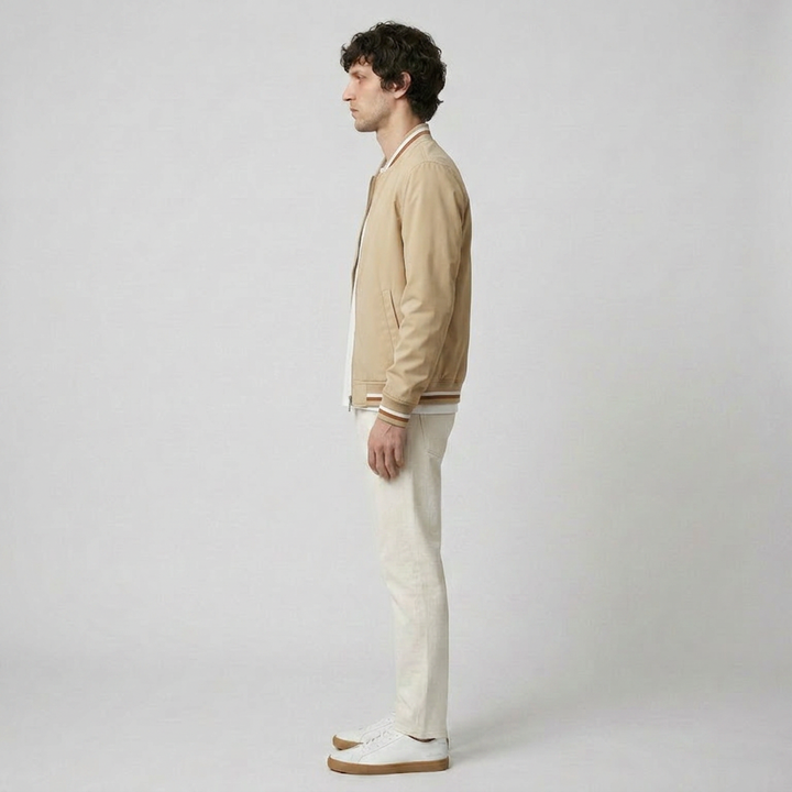 Unisex bomber jacket with contrast striped ribbed trims and front zip