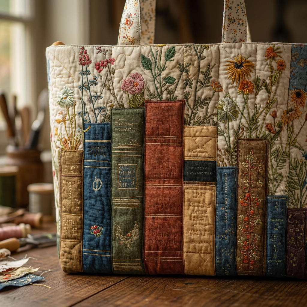 Quilted tote bag with embroidered flowers and colourful book spine panels