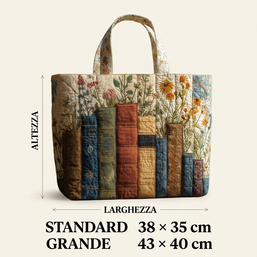 Quilted tote bag with embroidered flowers and colourful book spine panels