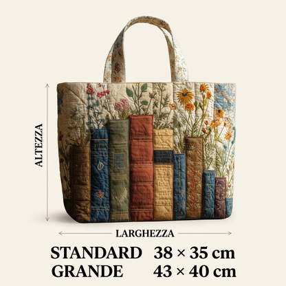 Quilted tote bag with embroidered flowers and colourful book spine panels