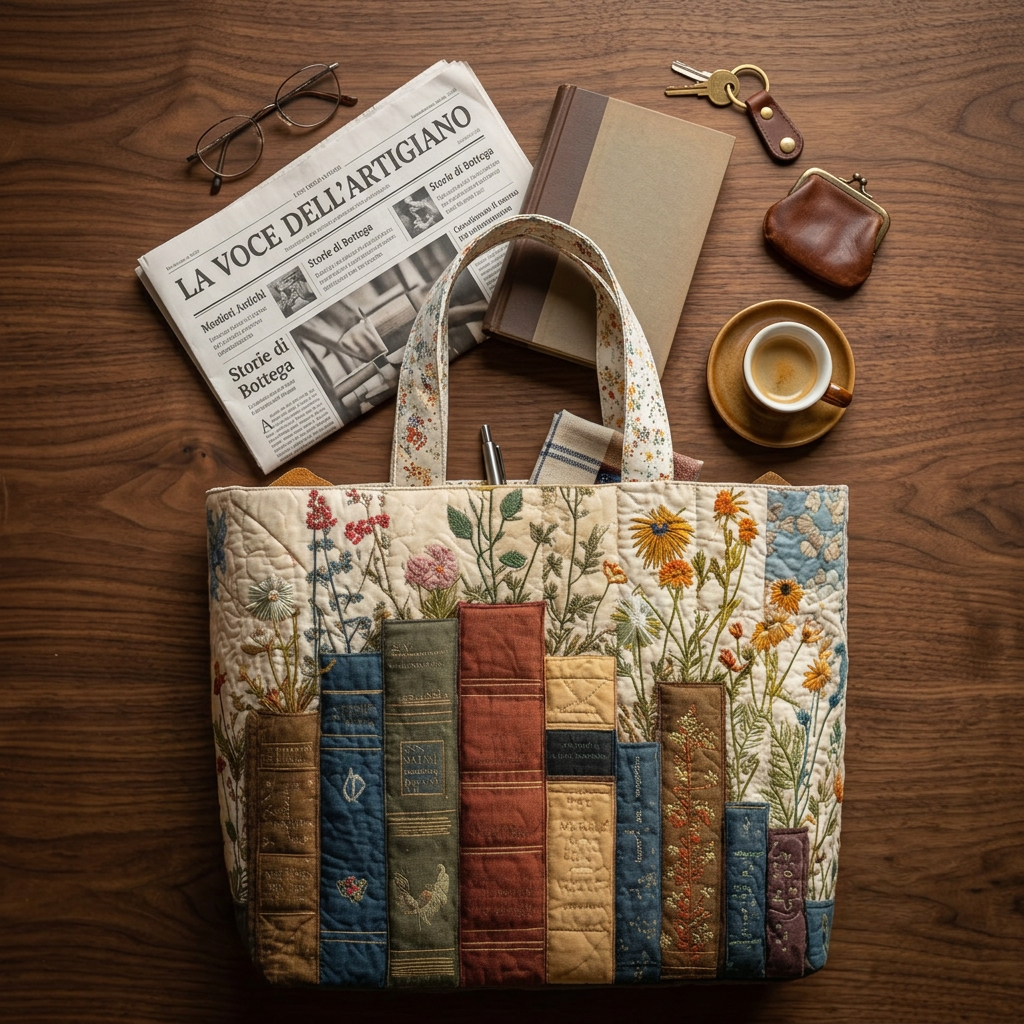 Quilted tote bag with embroidered flowers and colourful book spine panels