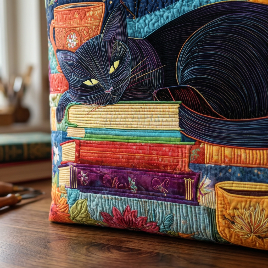 Multicolor quilted tote bag with black cat, books, cups and floral panels