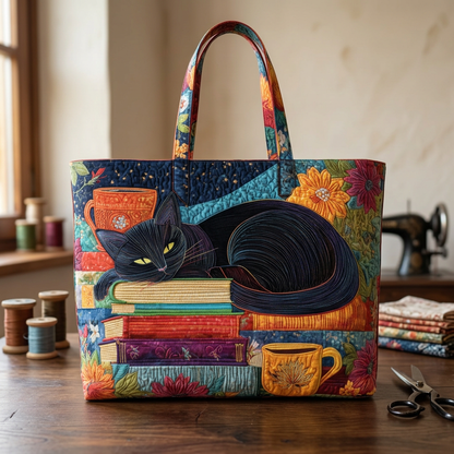 Multicolor quilted tote bag with black cat, books, cups and floral panels